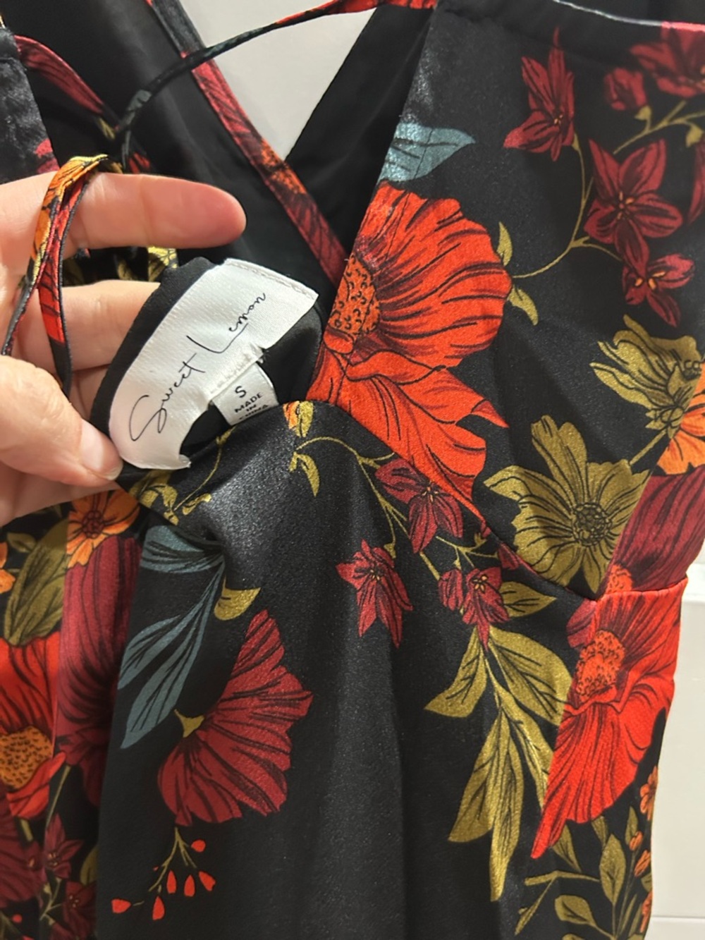 Floral V-Neck Black Maxi Dress with Red & Green Print - Picture 3 of 4